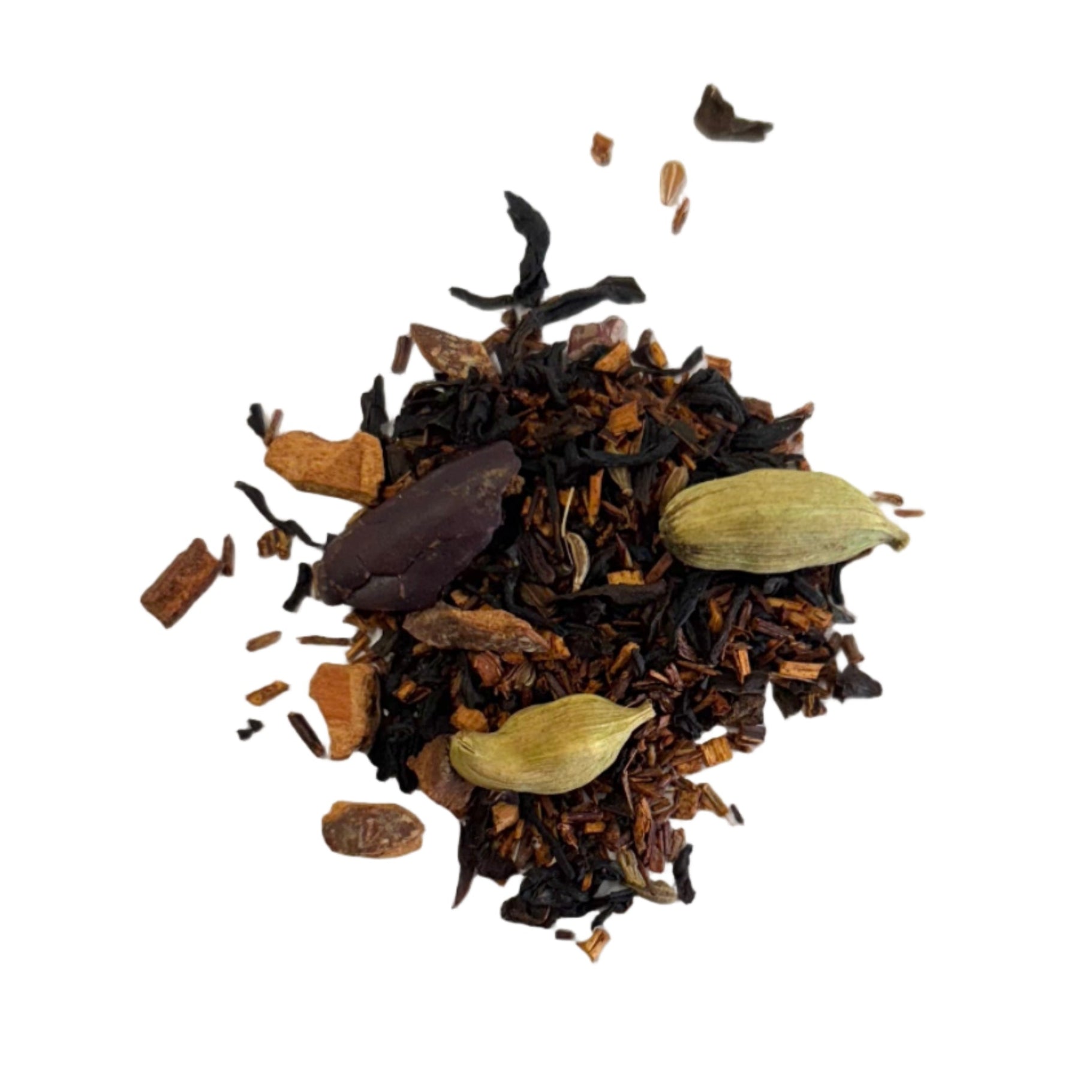 Spice mix including cardamom pods and cinnamon sticks on a white background