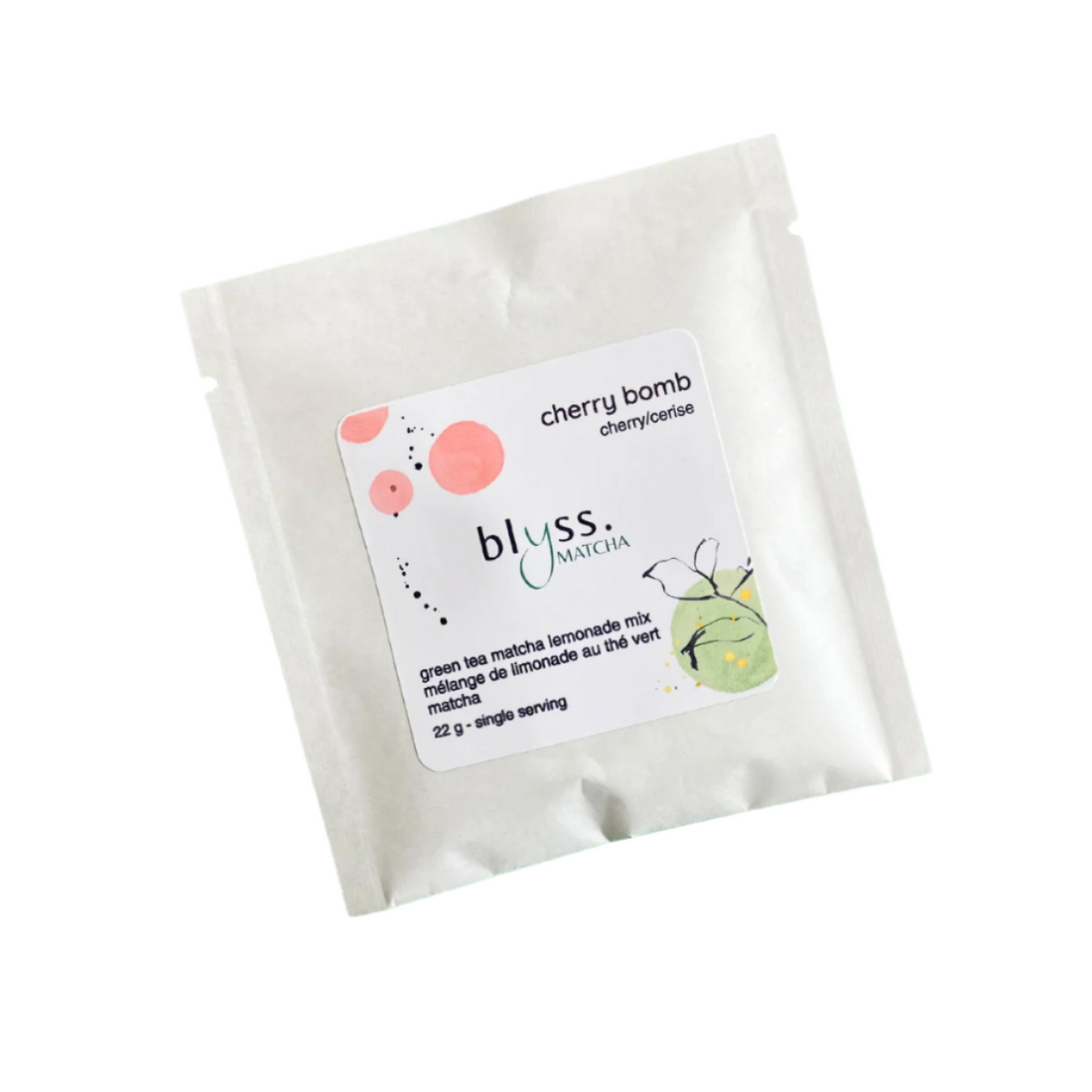 A packaged Blyss Bursts cherry bomb matcha powder mix with branding and flavor information on the front.