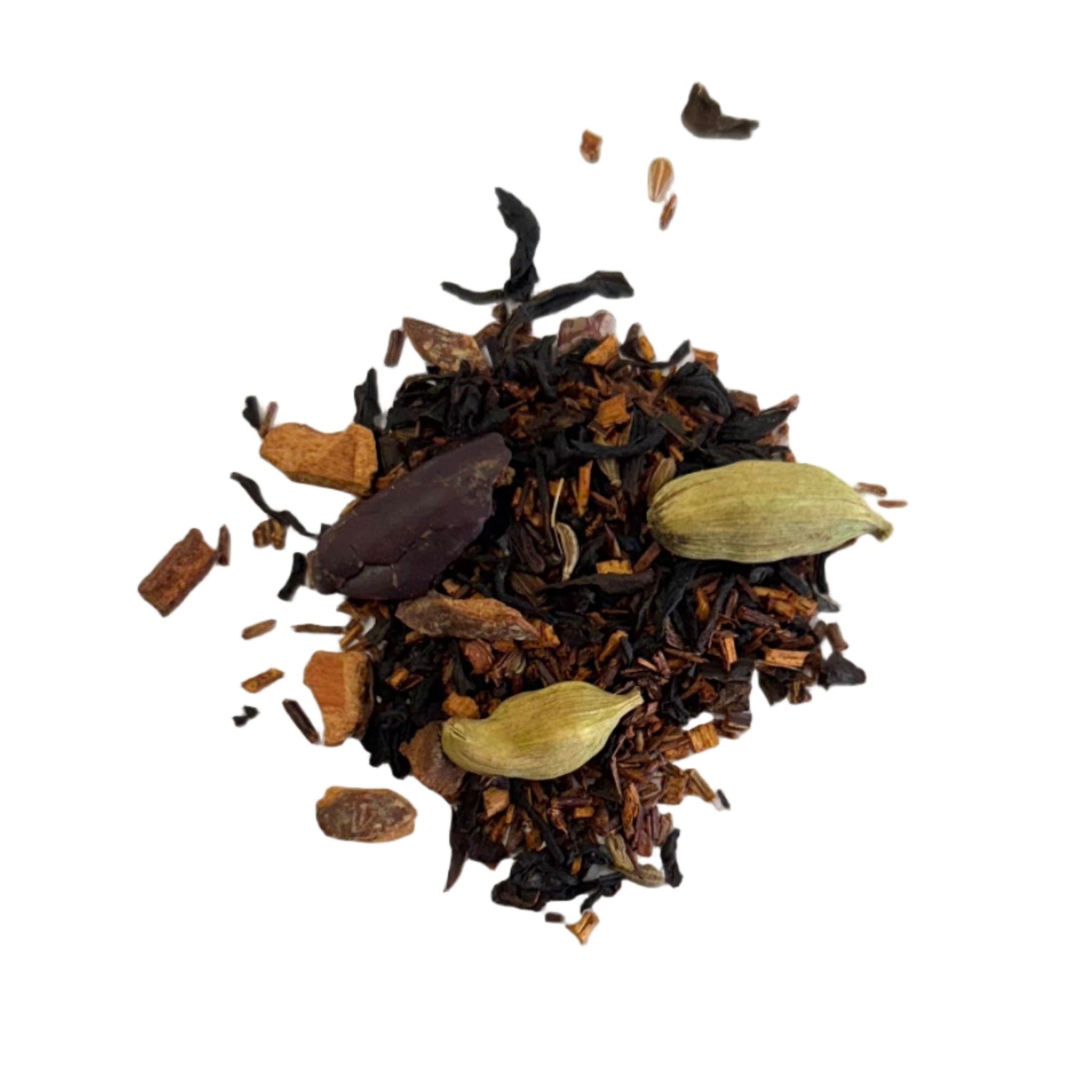 Spice mix including cardamom pods and cinnamon sticks on a white background