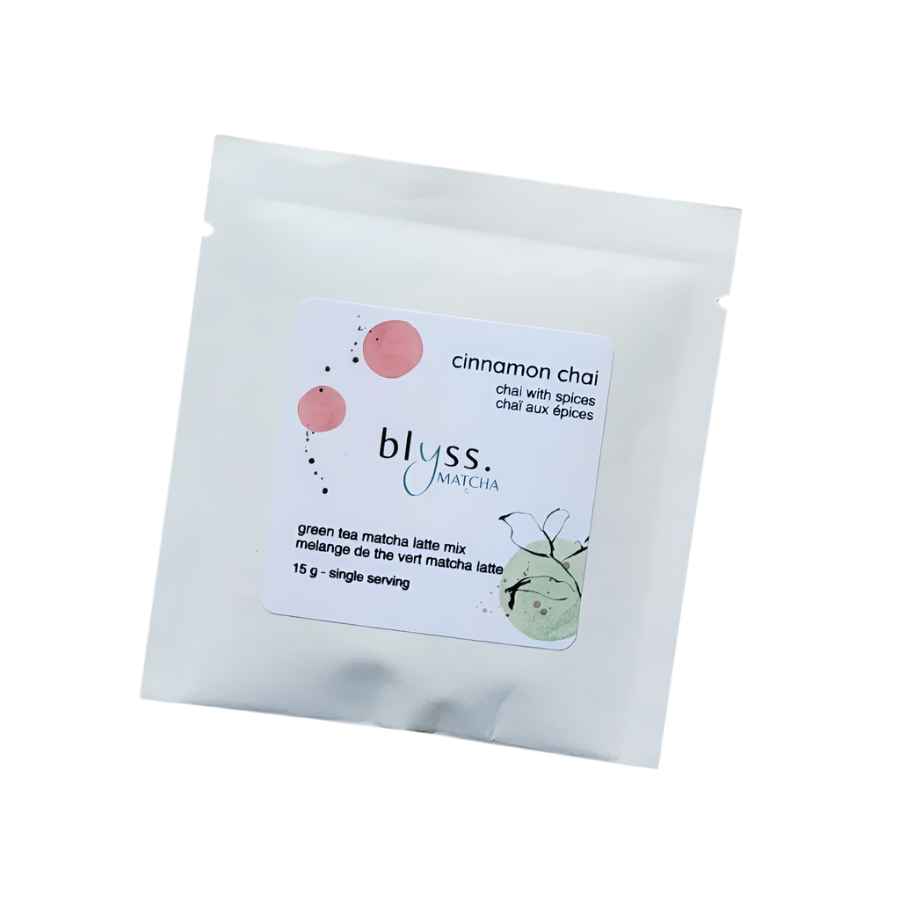 Blyss Matcha cinnamon chai green tea matcha latte mix package on a white background