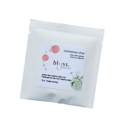 Blyss Matcha cinnamon chai green tea matcha latte mix package on a white background